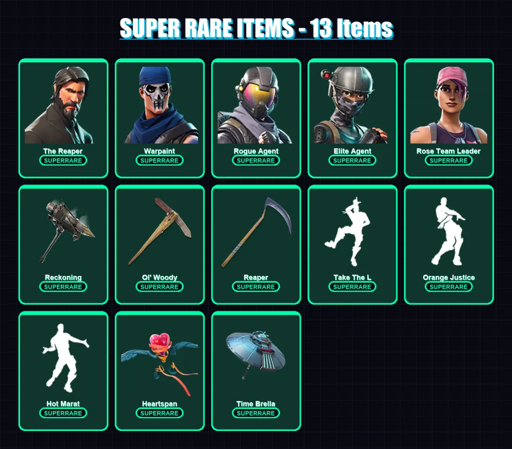 [PC/PSN] | The Reaper | Warpaint | Rogue Agent | Elite Agent | Rose Team Leader | 101 skin | 96 pickaxe | 114 emote | 104 glider | Lv1165