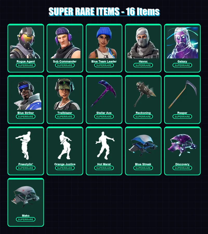 [PC/XBOX/PSN] | Rogue Agent | Sub Commander | Blue Team Leader | Havoc | Galaxy | 50 skin | 28 pickaxe | 37 emote | 36 glider | Lv448