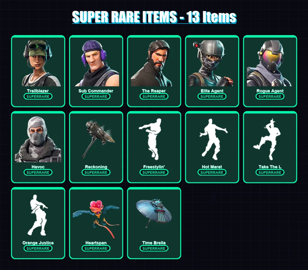 [PS4/PS5/PC] | Trailblazer | Sub Commander | The Reaper | Elite Agent | Rogue Agent | 158 skin | 158 pickaxe | 139 emote | 134 glider | Lv1911
