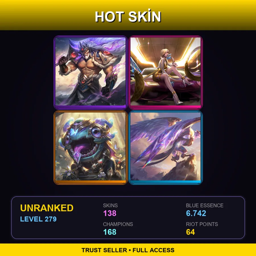 VN | Victorious Tryndamere | Prestige K/DA Evelynn | Victorious Kog'Maw | Victorious Anivia | 138 Skin | 168 Champ | Lv279