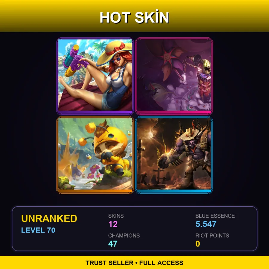 LAS | Pool Party Miss Fortune | Surprise Party Fiddlesticks | Beemo | Longhorn Alistar | 12 Skin | 47 Champ | Lv70