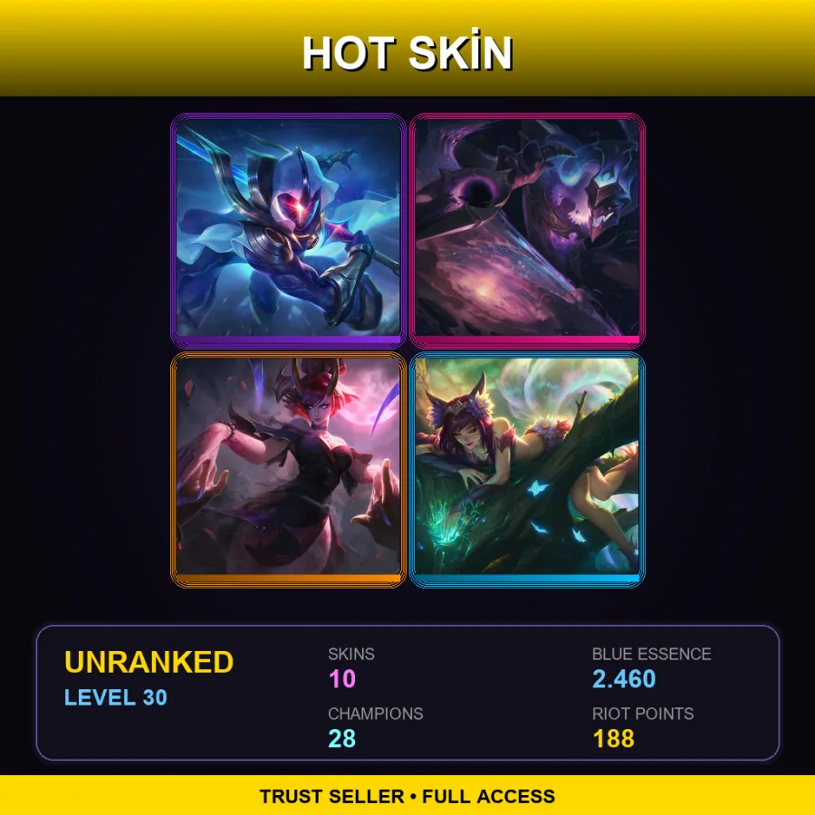 EUW | Cosmic Blade Master Yi | Dark Star Shaco | Blood Moon Evelynn | Elderwood Ahri | 10 Skin | 28 Champ | Lv30