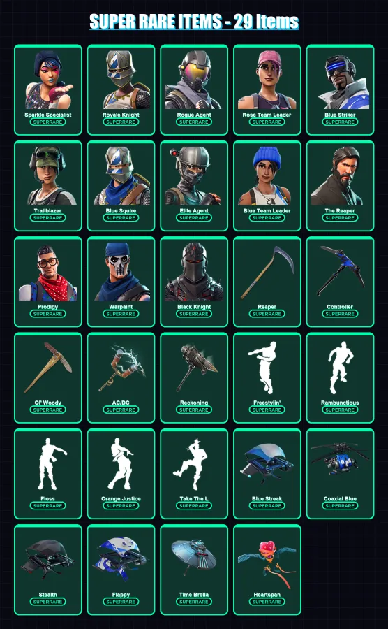 [PC] | Sparkle Specialist | Royale Knight | Rogue Agent | Rose Team Leader | Blue Striker | 162 skin | 150 pickaxe | 155 emote | 154 glider | Lv1924