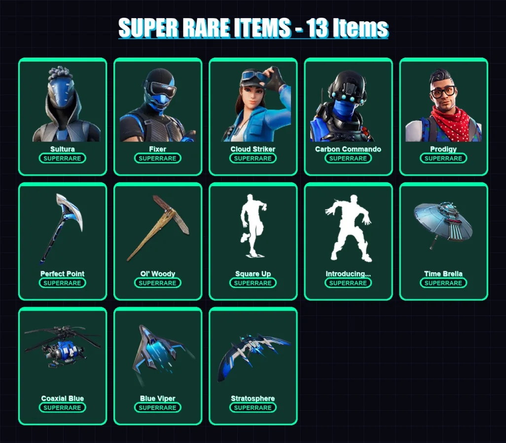 [PS4/PS5/XBOX/PC] | Sultura | Fixer | Cloud Striker | Carbon Commando | Prodigy | 145 skin | 141 pickaxe | 137 emote | 116 glider | Lv1313