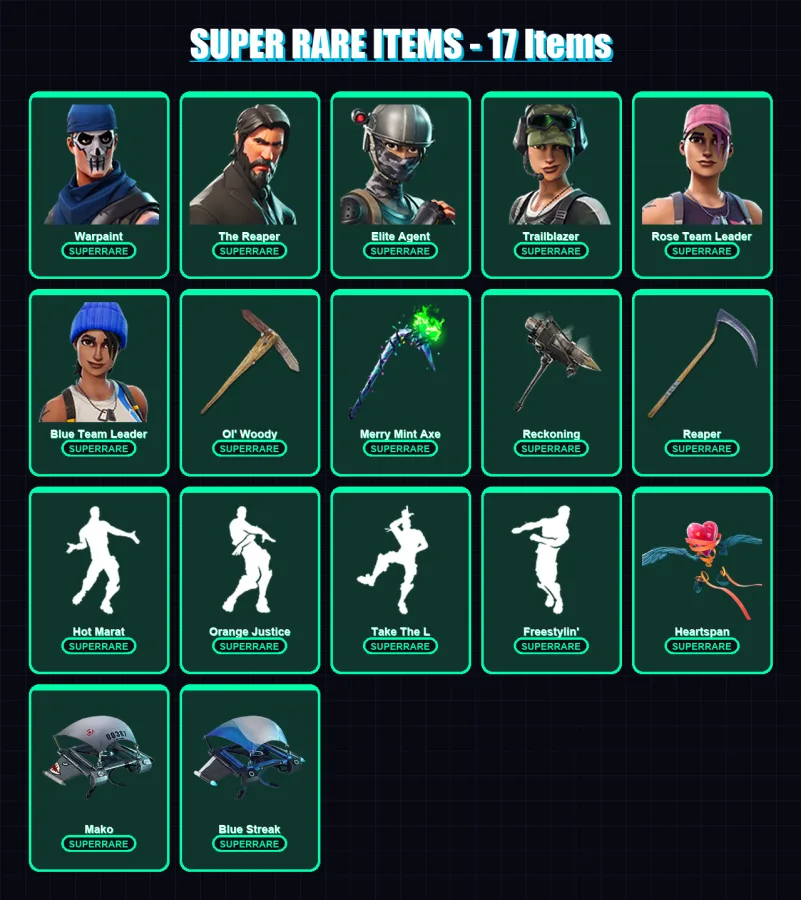 [PC/XBOX/PSN] | Warpaint | The Reaper | Elite Agent | Trailblazer | Rose Team Leader | 89 skin | 57 pickaxe | 69 emote | 63 glider | Lv882