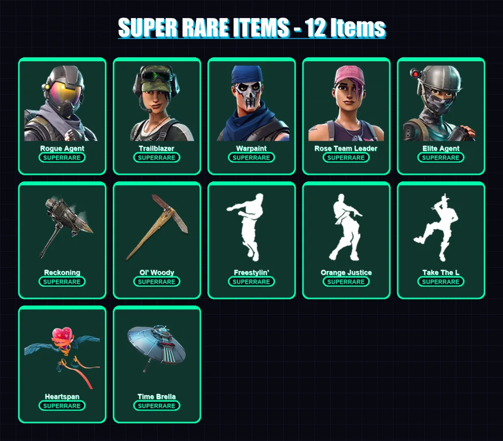 [PC] | Rogue Agent | Trailblazer | Warpaint | Rose Team Leader | Elite Agent | 77 skin | 63 pickaxe | 76 emote | 67 glider | Lv988