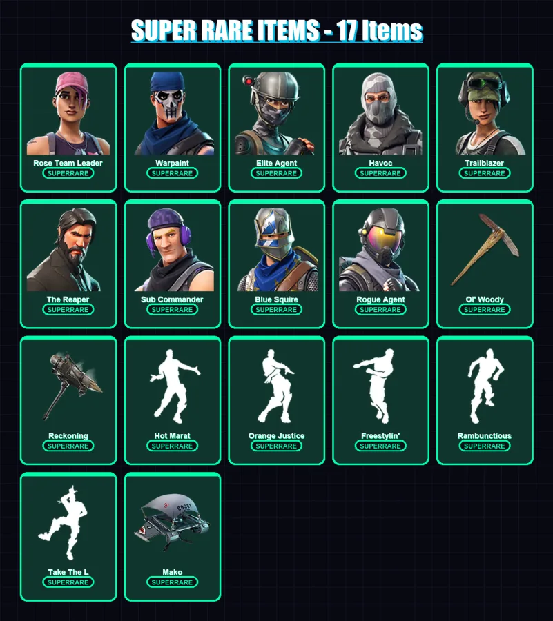 [PC] | Rose Team Leader | Warpaint | Elite Agent | Havoc | Trailblazer | 95 skin | 56 pickaxe | 92 emote | 71 glider | Lv878 — Game account