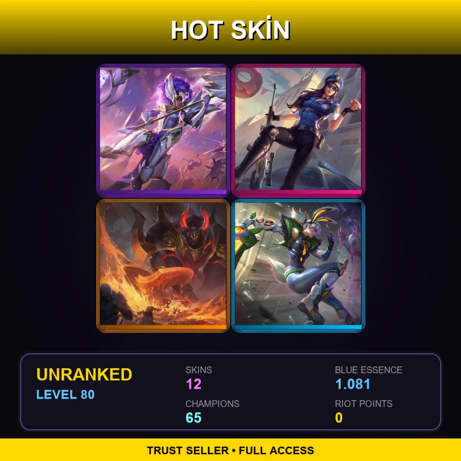 SG | Star Guardian Rell | Officer Caitlyn | Infernal Mordekaiser | Battle Bunny Prime Riven | 12 Skin | 65 Champ | Lv80