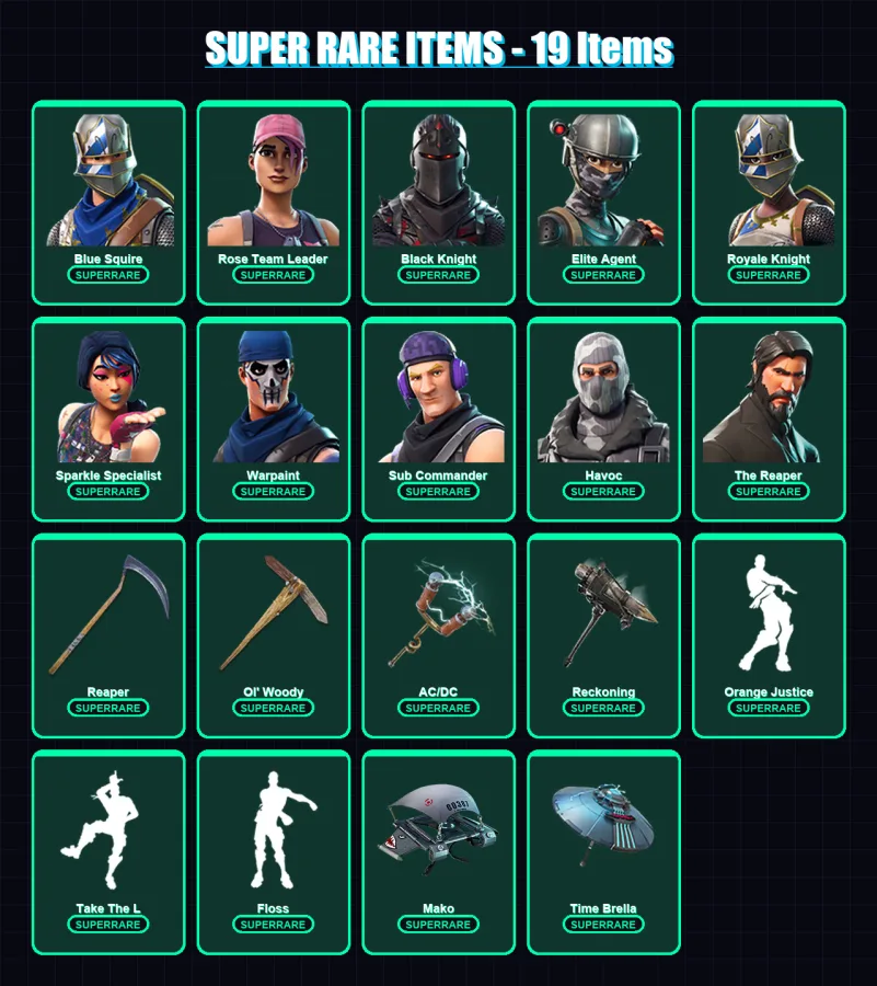 [SWITCH/PC] | Blue Squire | OG Skull Trooper | Rose Team Leader | Black Knight | Elite Agent | 59 skin | 108 pickaxe | 85 emote | 95 glider | Lv1459