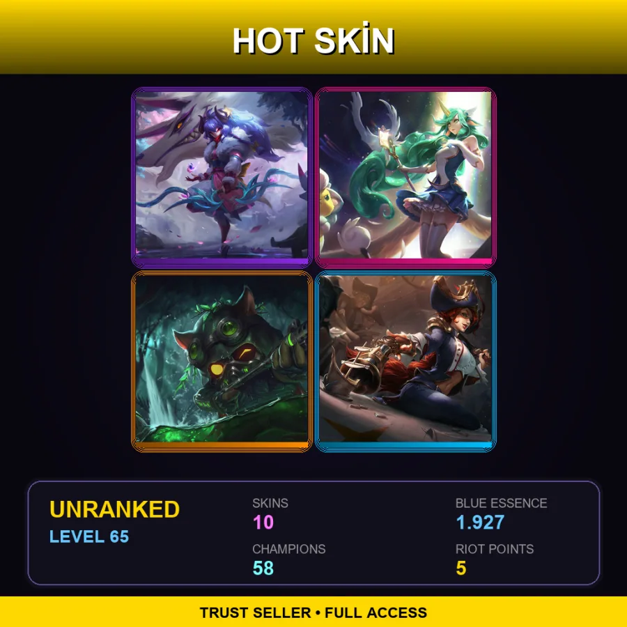 EUNE | Lv65 | Unranked | 10 Skin | 58 Champ — LoL account