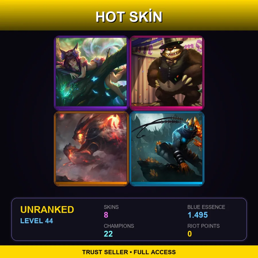 RU | Elderwood Ahri | Prom Queen Annie | Firefang Warwick | Blight Crystal Varus | 8 Skin | 22 Champ | Lv44