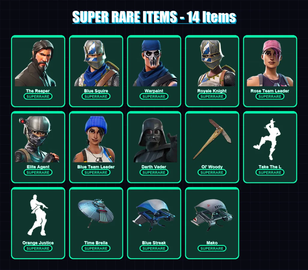 [PC/XBOX/PSN] | The Reaper | Blue Squire | Warpaint | Royale Knight | Rose Team Leader | 124 skin | 137 pickaxe | 96 emote | 119 glider | Lv1510 — Fortnite account