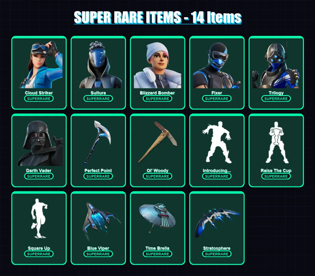 [PS4/PS5/XBOX/PC] | Cloud Striker | Sultura | Blizzard Bomber | Fixer | Trilogy | 192 skin | 247 pickaxe | 170 emote | 181 glider | Lv2692