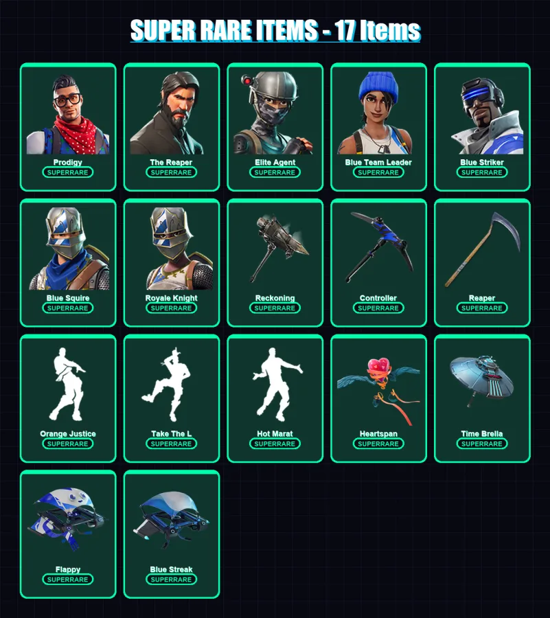 [PS4/PS5/XBOX/PC] | Prodigy | The Reaper | Elite Agent | Blue Team Leader | Blue Striker | 110 skin | 101 pickaxe | 95 emote | 102 glider | Lv1445