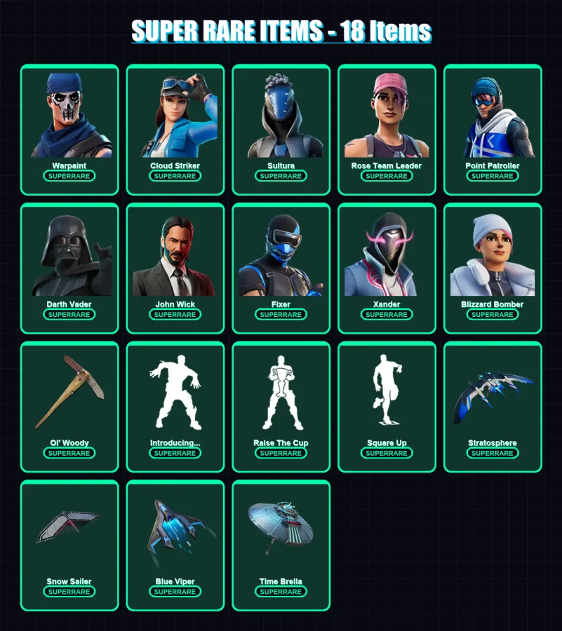 [PS4/PS5/XBOX/PC] | Warpaint | Cloud Striker | Sultura | Rose Team Leader | Point Patroller | 136 skin | 148 pickaxe | 129 emote | 127 glider | Lv24
