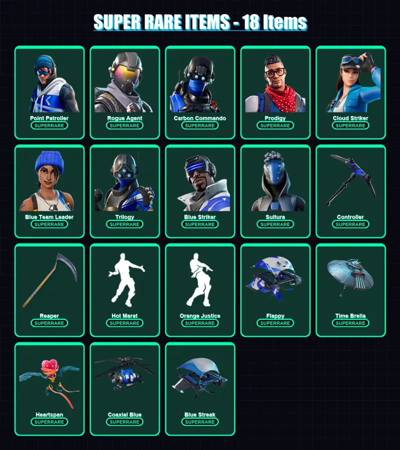 [PS4/PS5/XBOX/PC] | Point Patroller | Rogue Agent | Carbon Commando | Prodigy | Cloud Striker | 48 skin | 115 pickaxe | 90 emote | 108 glider | Lv17