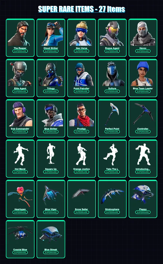 [PC/XBOX] | The Reaper | Cloud Striker | Neo Versa | Rogue Agent | Havoc | 58 skin | 50 pickaxe | 55 emote | 58 glider | Lv674