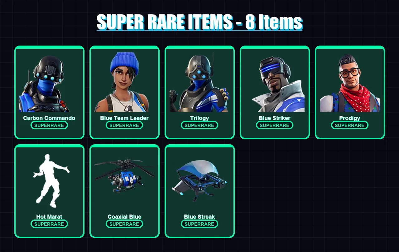 [PC/XBOX/PSN] | Carbon Commando | Blue Team Leader | Trilogy | Blue Striker | Prodigy | 42 skin | 29 pickaxe | 45 emote | 34 glider | Lv432