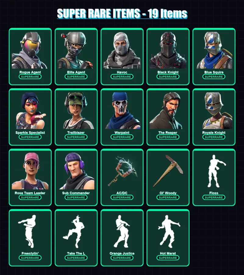 [PC] | Rogue Agent | Elite Agent | Havoc | Black Knight | Blue Squire | 44 skin | 40 pickaxe | 45 emote | 44 glider | Lv608