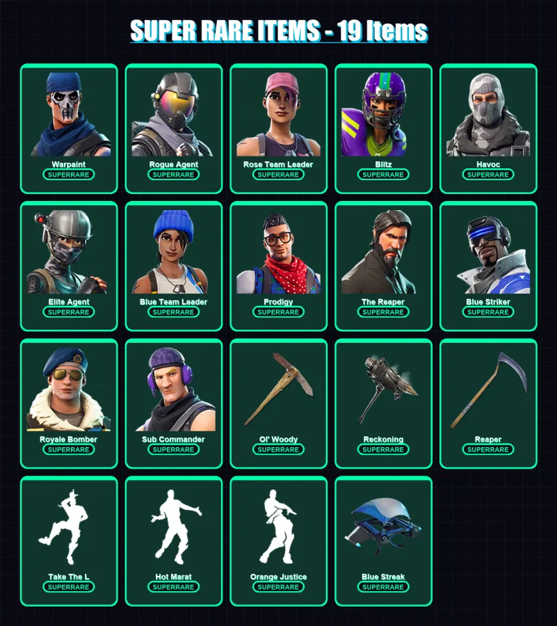 [PC/XBOX/PSN] | Warpaint | Rogue Agent | Rose Team Leader | Blitz | Havoc | 155 skin | 130 pickaxe | 136 emote | 114 glider | Lv1289