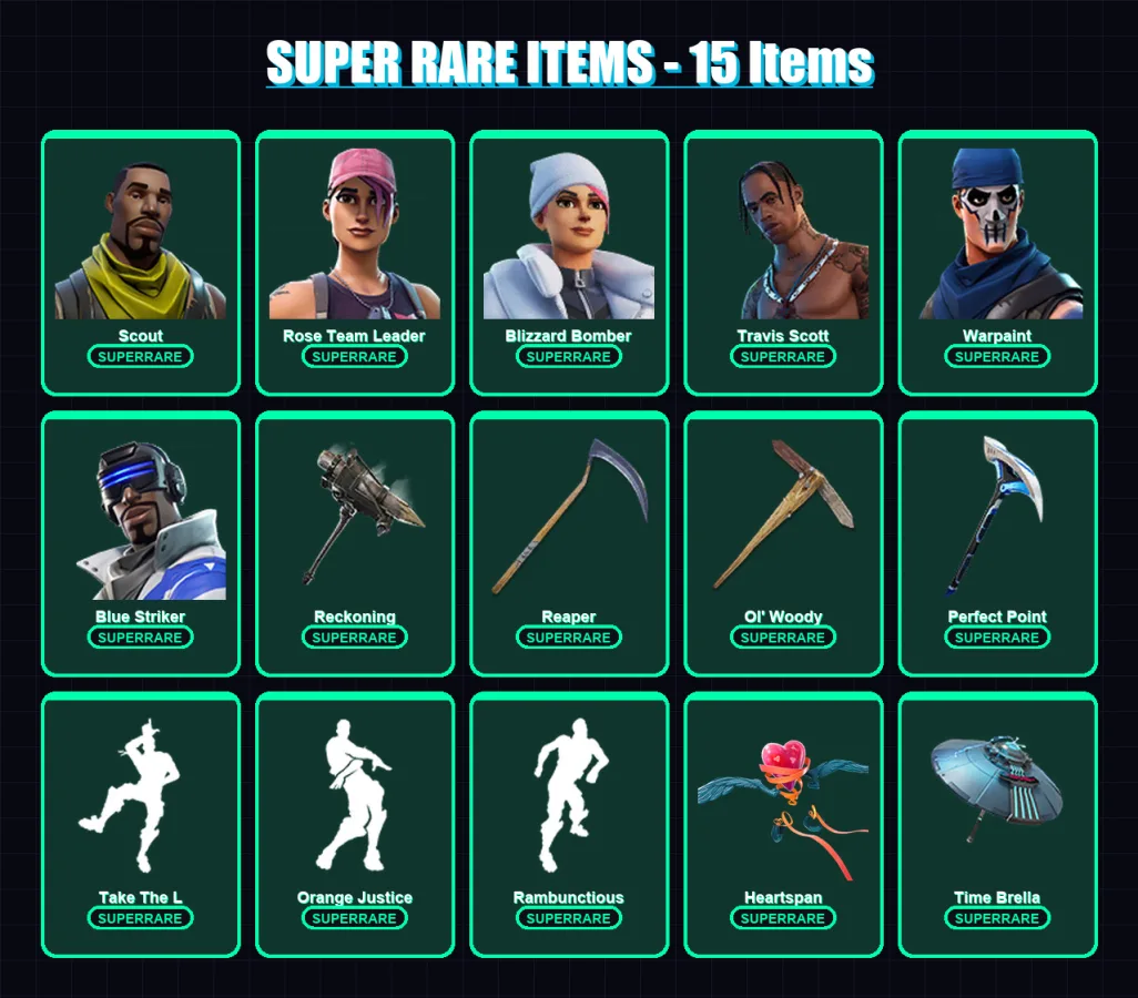 [PS4/PS5/XBOX/PC] | Scout | Rose Team Leader | Blizzard Bomber | Travis Scott | Warpaint | 110 skin | 170 pickaxe | 142 emote | 137 glider | Lv3231