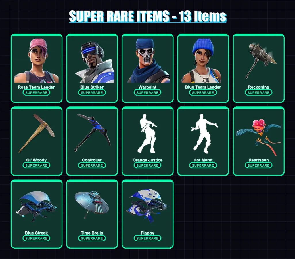 [PC] | Rose Team Leader | Blue Striker | Warpaint | Blue Team Leader | Molten Valkyrie | 44 skin | 66 pickaxe | 78 emote | 76 glider | Lv1262