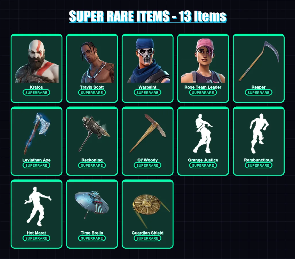 [PC/XBOX] | Kratos | Travis Scott | Warpaint | Rose Team Leader | Ragnarok | 199 skin | 200 pickaxe | 176 emote | 204 glider | Lv2636