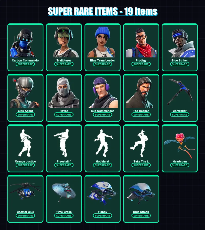 [PC/XBOX] | Carbon Commando | Trailblazer | Blue Team Leader | Prodigy | Blue Striker | 48 skin | 53 pickaxe | 59 emote | 56 glider | Lv760
