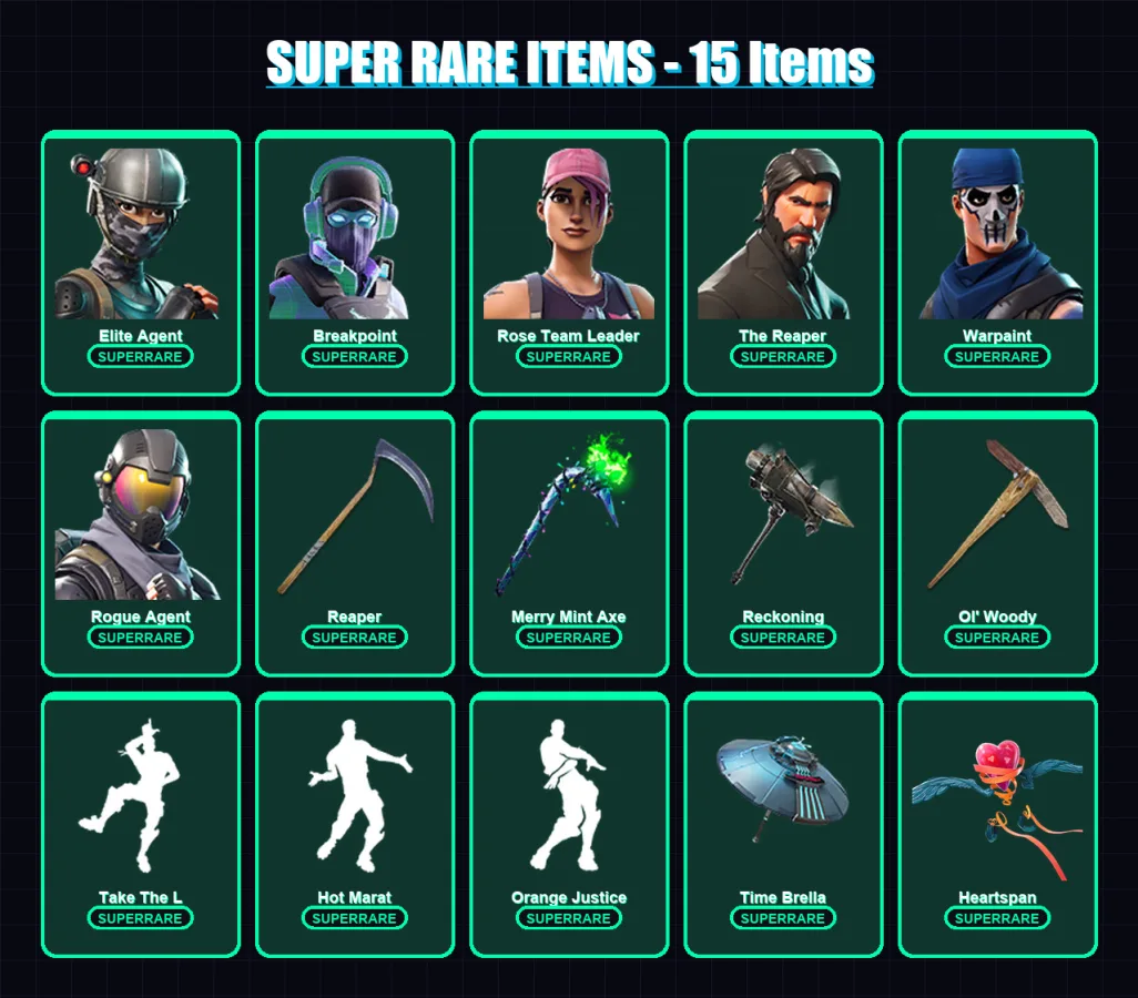 [PC] | Elite Agent | Breakpoint | Rose Team Leader | The Reaper | Warpaint | 158 skin | 128 pickaxe | 120 emote | 107 glider | Lv1148
