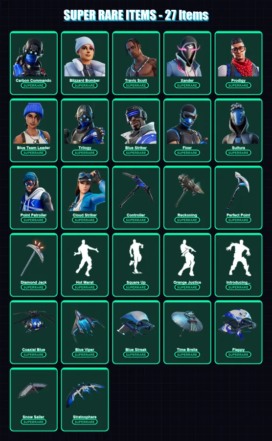 [PS4/PS5/XBOX/PC] | Carbon Commando | Blizzard Bomber | Travis Scott | Xander | Prodigy | 122 skin | 119 pickaxe | 116 emote | 107 glider | Lv1642