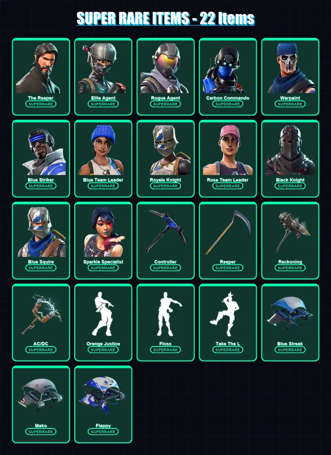 [PC/XBOX] | The Reaper | Elite Agent | Rogue Agent | Carbon Commando | Warpaint | 40 skin | 27 pickaxe | 30 emote | 36 glider | Lv495