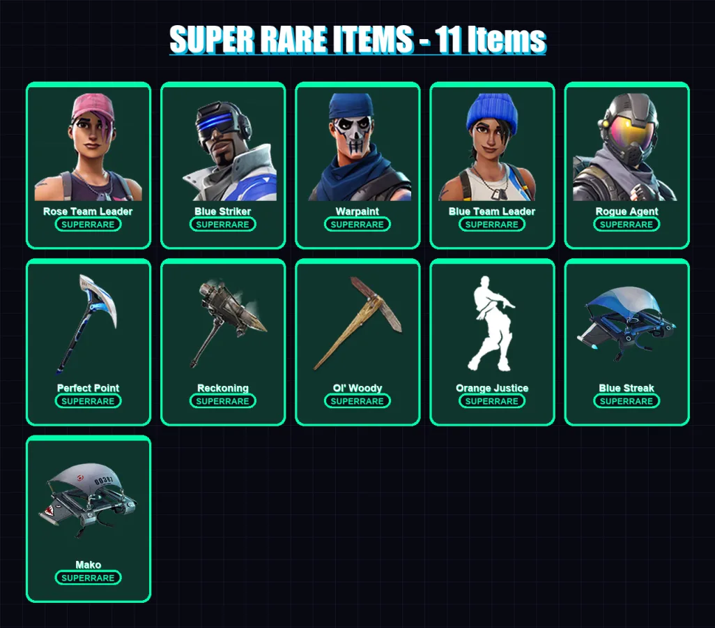 [PS4/PS5/XBOX/PC] | Rose Team Leader | Blue Striker | Warpaint | Blue Team Leader | Rogue Agent | 90 skin | 94 pickaxe | 79 emote | 90 glider | Lv11