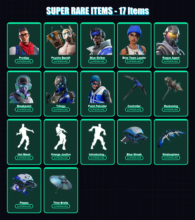 [PC/XBOX/PSN] | Prodigy | Psycho Bandit | Blue Striker | Blue Team Leader | Rogue Agent | 94 skin | 105 pickaxe | 97 emote | 103 glider | Lv1985
