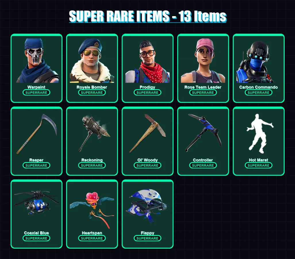 [PS4/PS5/XBOX/PC] | Warpaint | Royale Bomber | Prodigy | Rose Team Leader | Carbon Commando | 81 skin | 46 pickaxe | 73 emote | 47 glider | Lv434