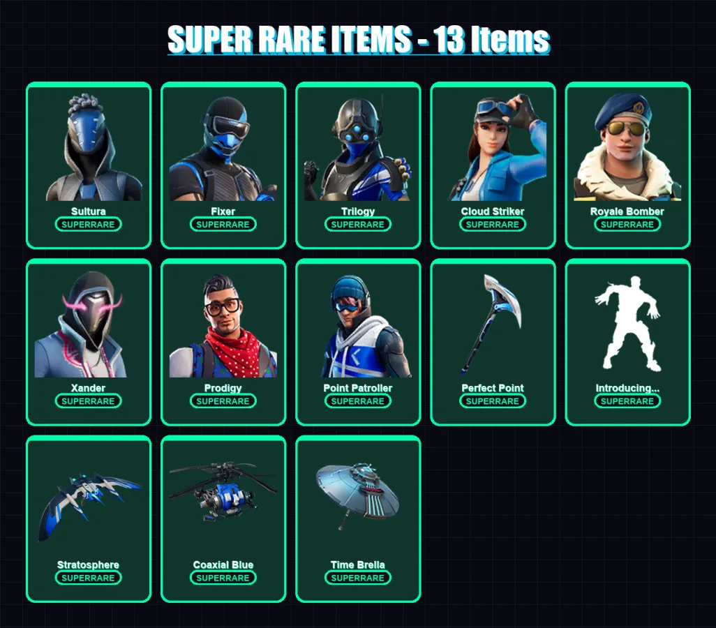[PS4/PS5/XBOX/PC] | Sultura | Fixer | Trilogy | Cloud Striker | Royale Bomber | 86 skin | 134 pickaxe | 91 emote | 110 glider | Lv1931
