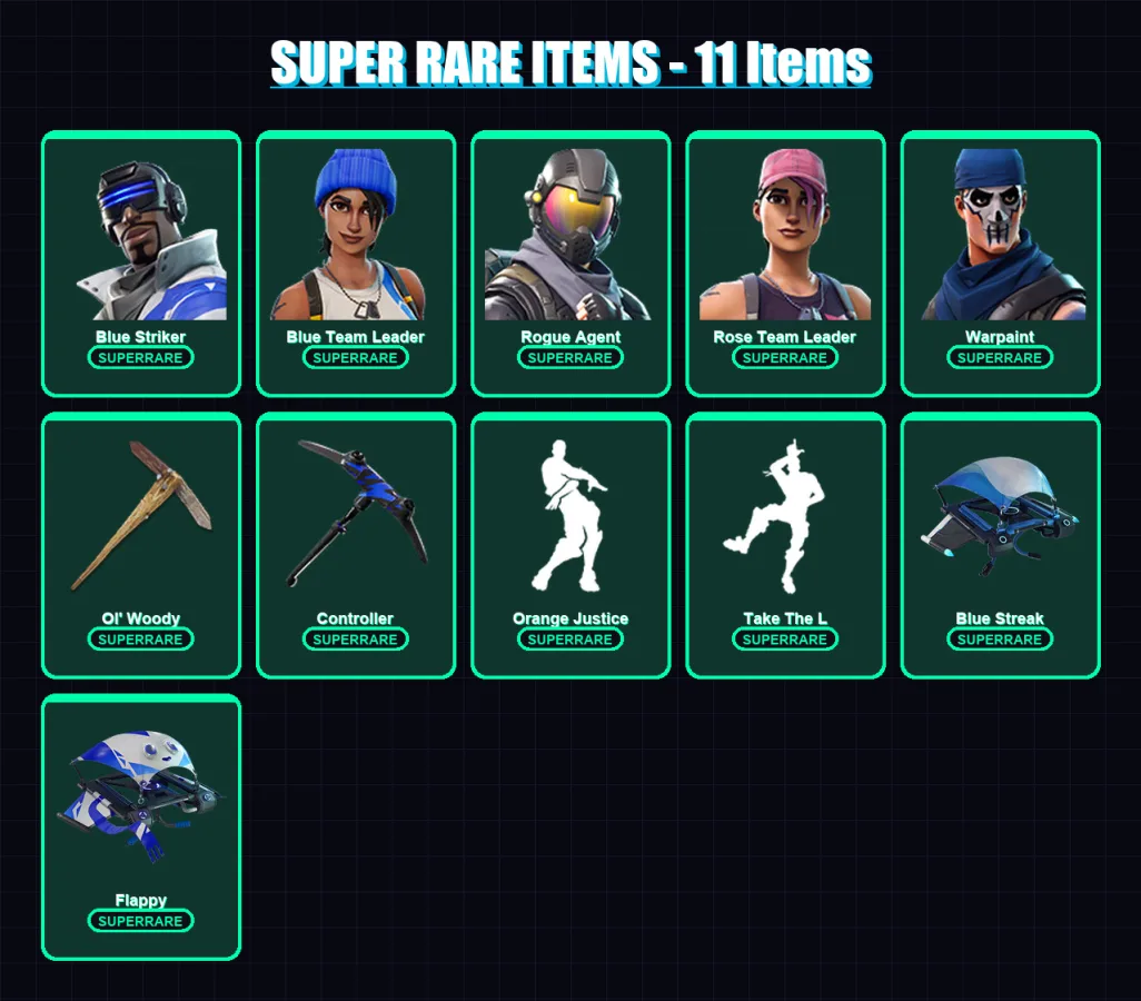 [PC] | Blue Striker | Blue Team Leader | Rogue Agent | Rose Team Leader | Warpaint | 37 skin | 34 pickaxe | 33 emote | 37 glider | Lv307