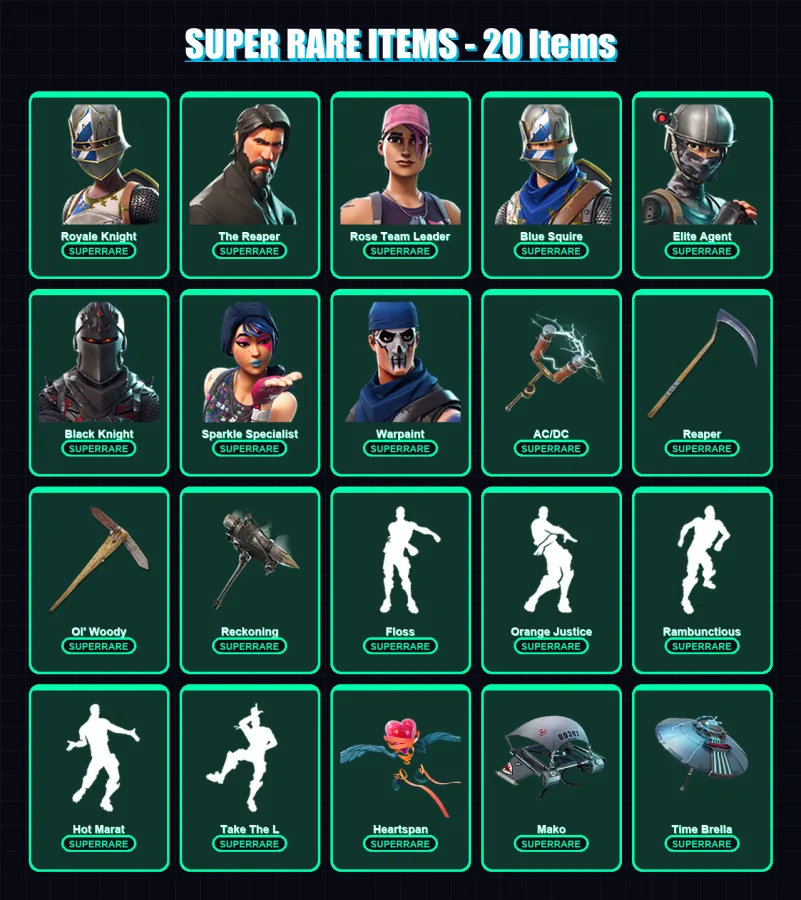 [PC] | Royale Knight | The Reaper | Rose Team Leader | Blue Squire | Elite Agent | 105 skin | 110 pickaxe | 108 emote | 112 glider | Lv1426