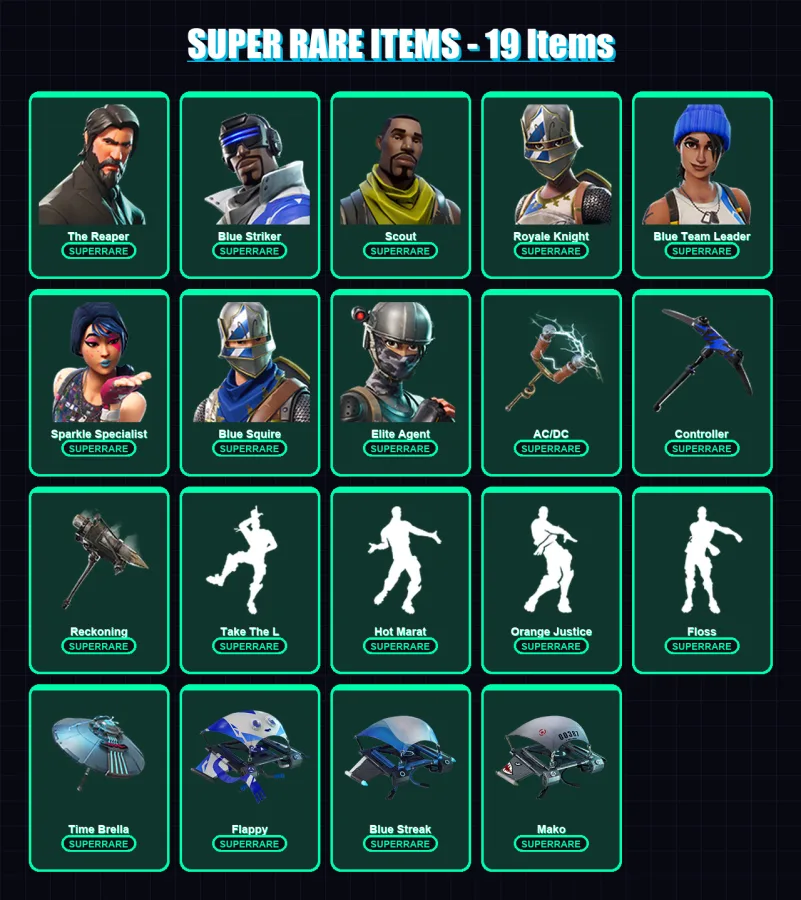 [PS4/PS5/XBOX/PC] | The Reaper | Blue Striker | Scout | Royale Knight | Blue Team Leader | 56 skin | 73 pickaxe | 71 emote | 85 glider | Lv1181