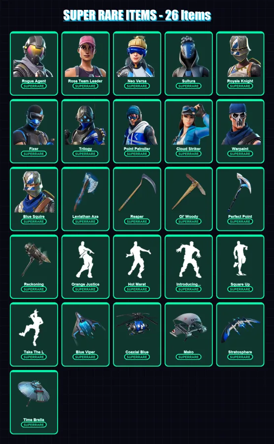 [PS4/PS5/XBOX/PC] | Rogue Agent | Rose Team Leader | Neo Versa | Sultura | Royale Knight | 80 skin | 90 pickaxe | 83 emote | 93 glider | Lv1509