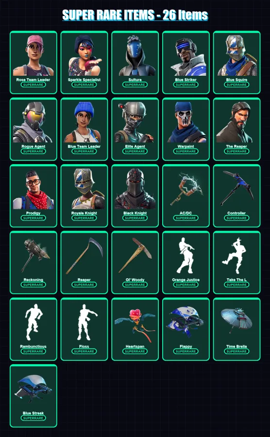 [PS4/PS5/XBOX/PC] | Rose Team Leader | Sparkle Specialist | Sultura | Blue Striker | Blue Squire | 74 skin | 64 pickaxe | 65 emote | 69 glider | Lv8