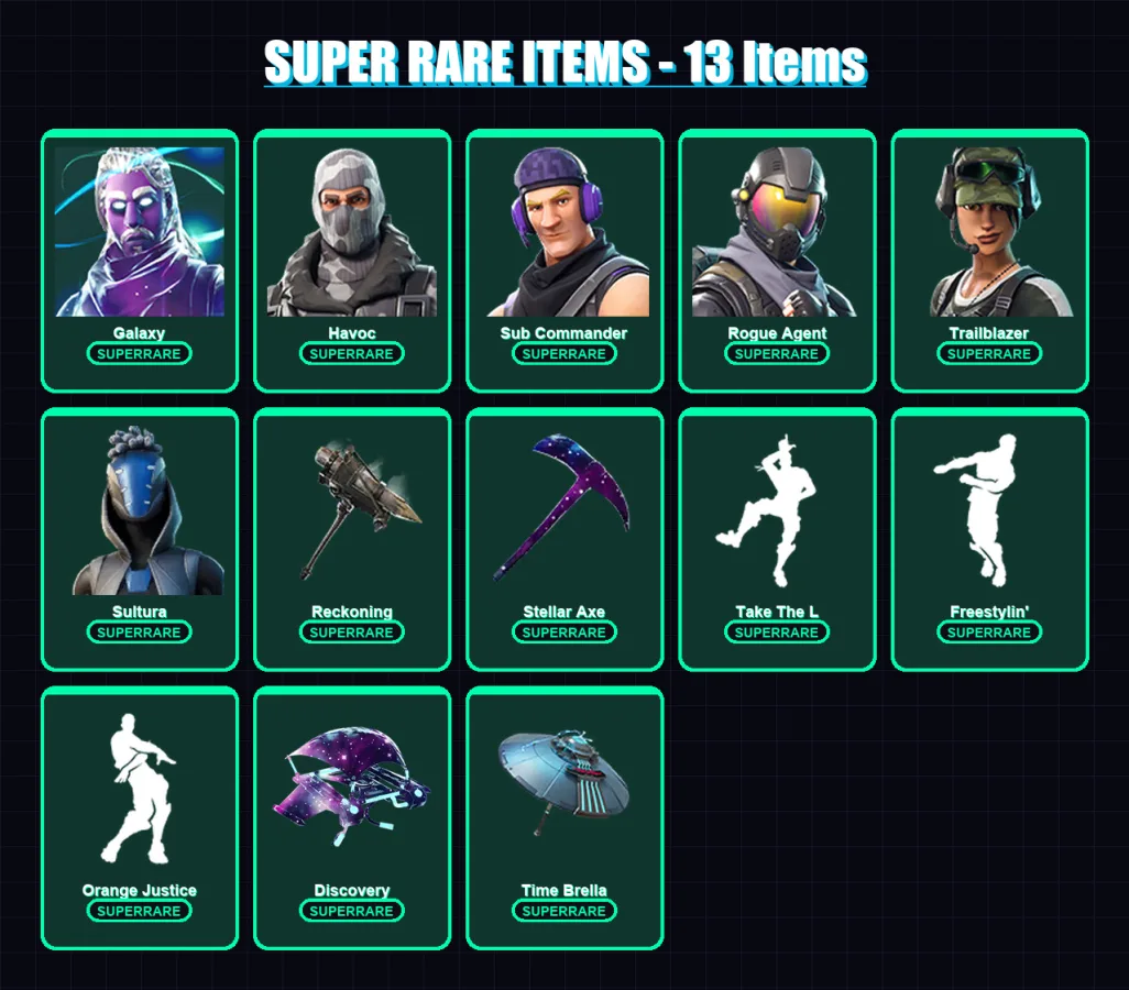 [PS4/PS5/PC] | Galaxy | Havoc | Sub Commander | Rogue Agent | Trailblazer | 72 skin | 65 pickaxe | 69 emote | 72 glider | Lv789