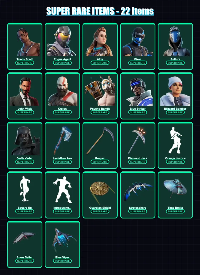 [PS4/PS5/PC] | Travis Scott | Rogue Agent | Aloy | Fixer | Sultura | 364 skin | 382 pickaxe | 291 emote | 252 glider | Lv2946