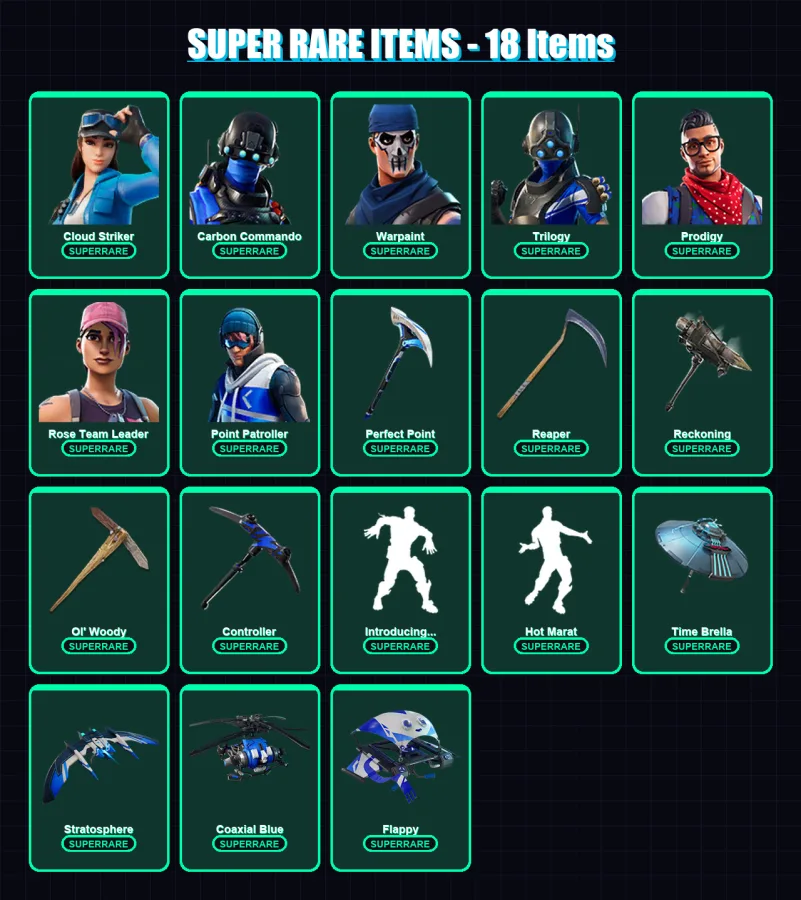 [PC/XBOX] | Cloud Striker | Carbon Commando | Warpaint | Trilogy | Prodigy | 101 skin | 112 pickaxe | 110 emote | 97 glider | Lv1382
