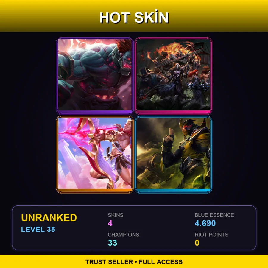 LAN | Hextech Sion | Pentakill Olaf | Heartseeker Varus | Yellow Jacket Shen | 4 Skin | 33 Champ | Lv35