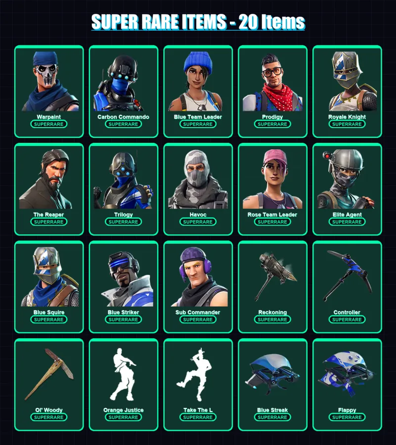[PC] | Warpaint | Carbon Commando | Blue Team Leader | Prodigy | Royale Knight | 60 skin | 99 pickaxe | 63 emote | 70 glider | Lv684