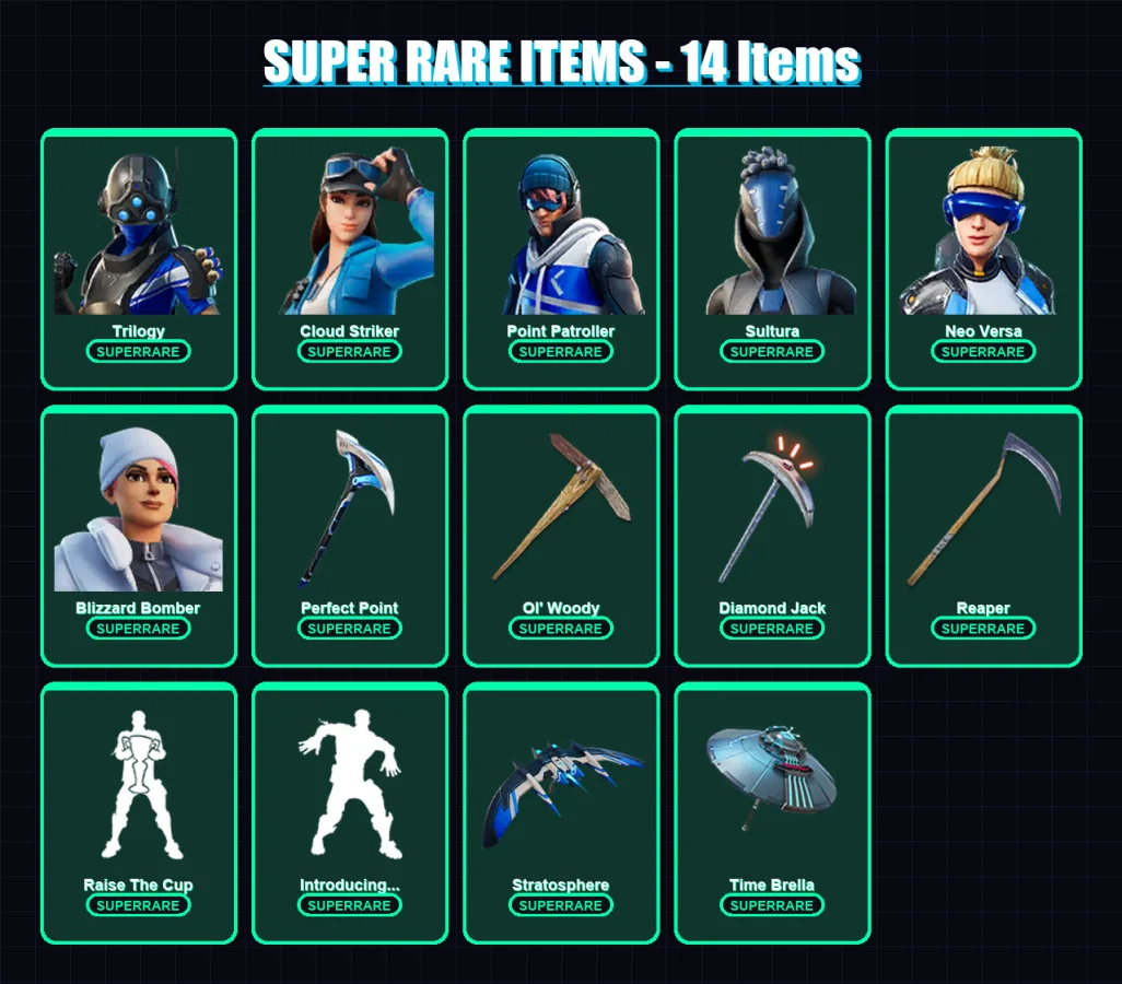 [PS4/PS5/XBOX/PC] | Trilogy | Cloud Striker | Point Patroller | Sultura | Neo Versa | 123 skin | 159 pickaxe | 142 emote | 134 glider | Lv2582
