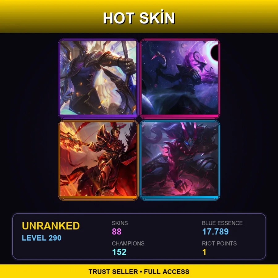 LAS | Victorious Aatrox | Dark Star Thresh | Warring Kingdoms Jarvan IV | Blood Moon Tryndamere | 88 Skin | 152 Champ | Lv290