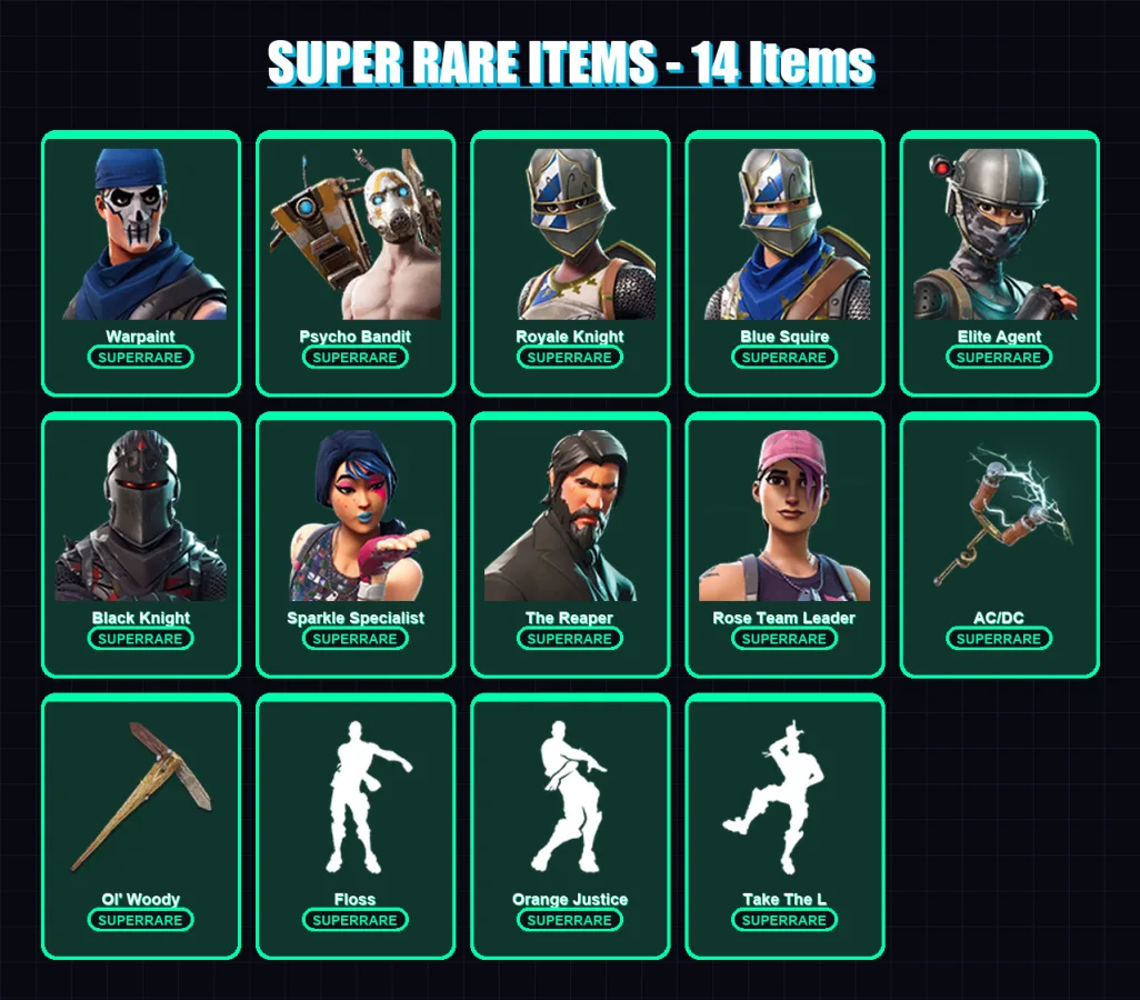 [PC/XBOX/PSN] | Warpaint | Psycho Bandit | Royale Knight | Blue Squire | Elite Agent | 27 skin | 22 pickaxe | 39 emote | 22 glider | Lv263