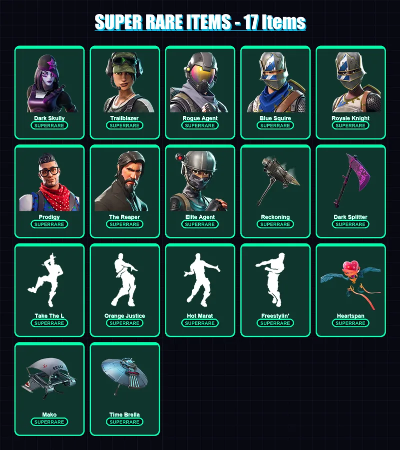 [PC] | Dark Skully | Trailblazer | Rogue Agent | Blue Squire | Royale Knight | 71 skin | 46 pickaxe | 80 emote | 54 glider | Lv882