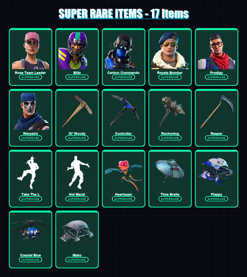 [PC] | Rose Team Leader | Blitz | Carbon Commando | Royale Bomber | Prodigy | 190 skin | 158 pickaxe | 172 emote | 116 glider | Lv1588